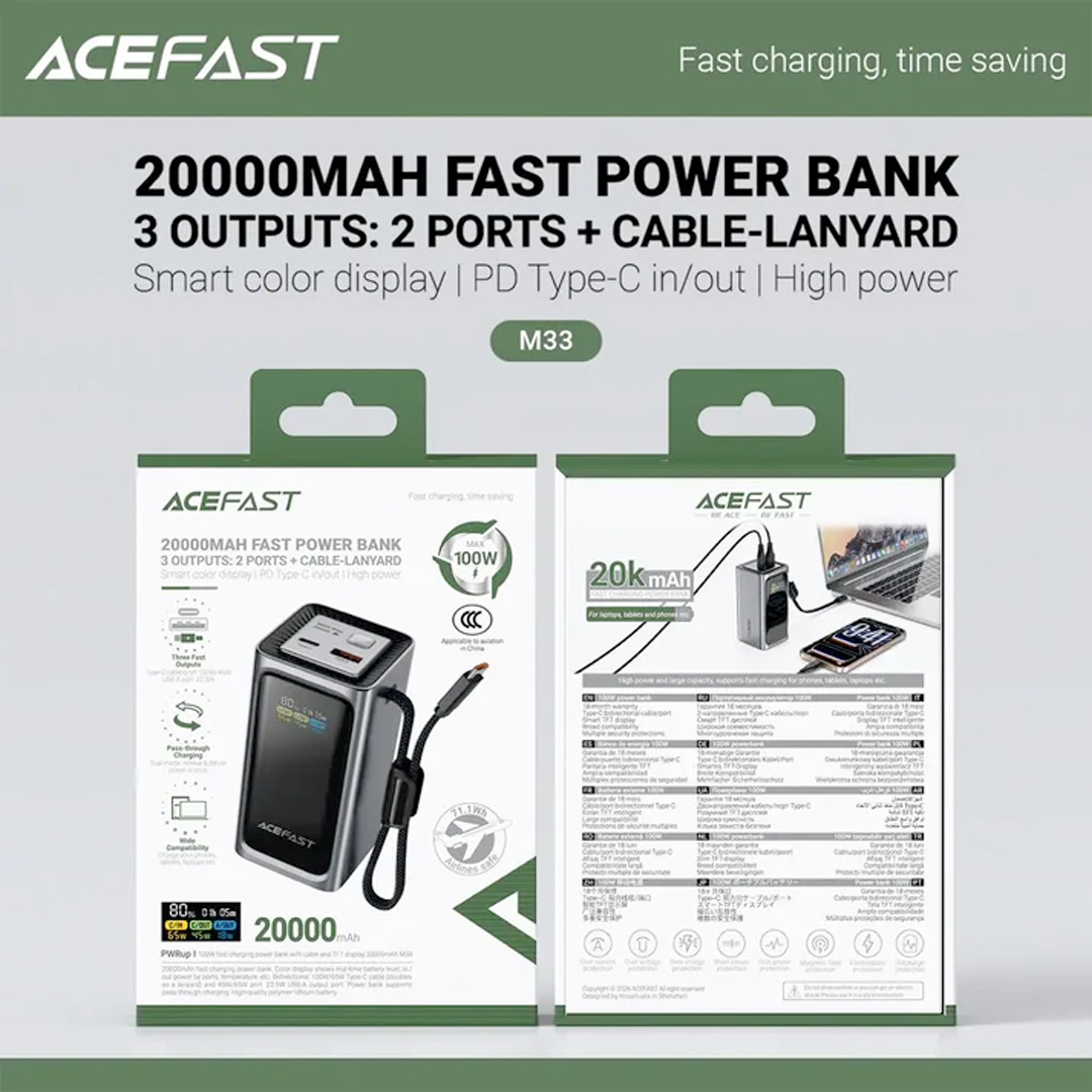 ACEFAST M33 20000mAh Power Bank 100W Fast Charging with Built-In USB-C Cable - Image 3