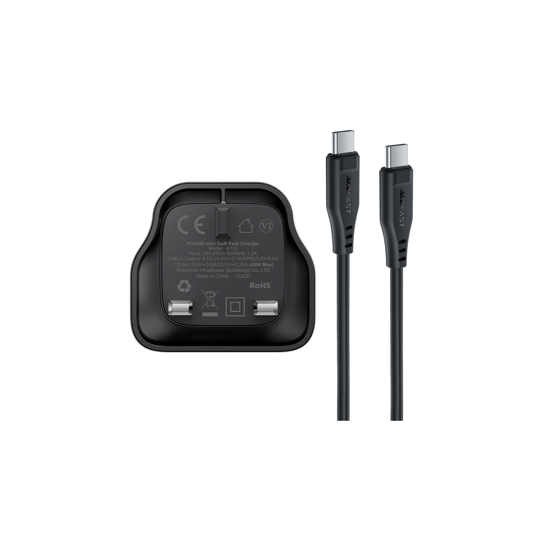 ACEFAST A133 PD45W GaN USB-C Wall Charger black (UK) with C to C Cable - Image 5