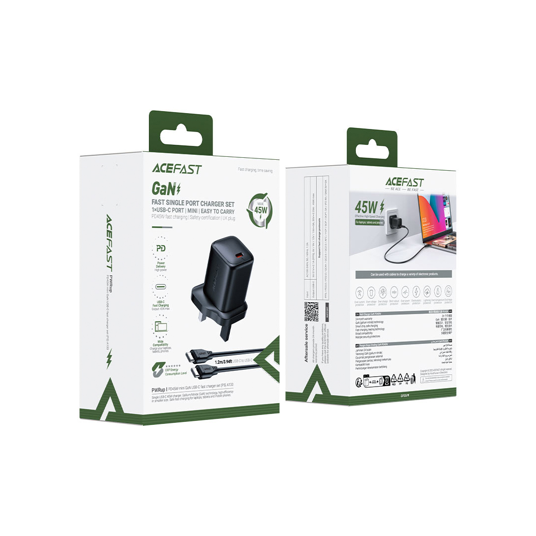 ACEFAST A133 PD45W GaN USB-C Wall Charger black (UK) with C to C Cable - Image 2